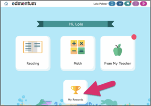 The K-2 Exact Path screen showing three squares labeled "Reading" "Math" and "From My Teacher". A smaller square button is underneath labeled "My Rewards"